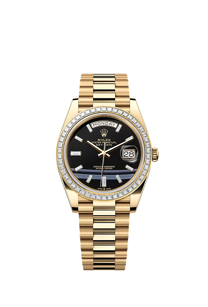 Men’s Rolex Day-Date 40 18K Yellow Gold Onyx Diamond Watch – Reference 228398TBR - Zeuskicks