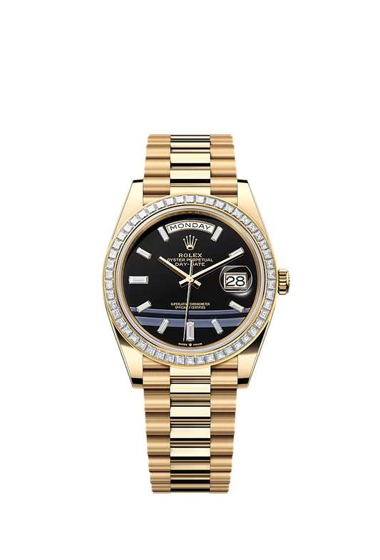 Men’s Rolex Day-Date 40 18K Yellow Gold Onyx Diamond Watch – Reference 228398TBR - Zeuskicks