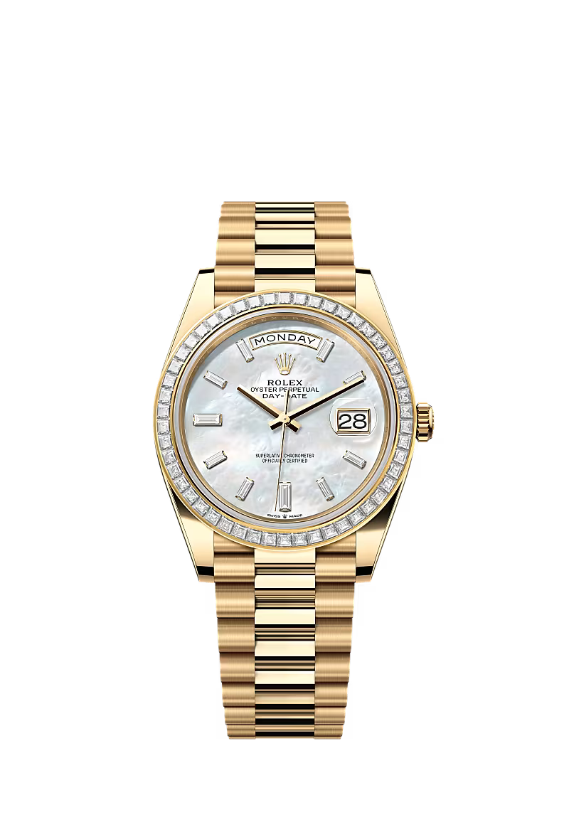 Men’s Rolex Day-Date 40 18K Yellow Gold White Mother-of-Pearl Diamond Watch – Reference 228398TBR - Zeuskicks