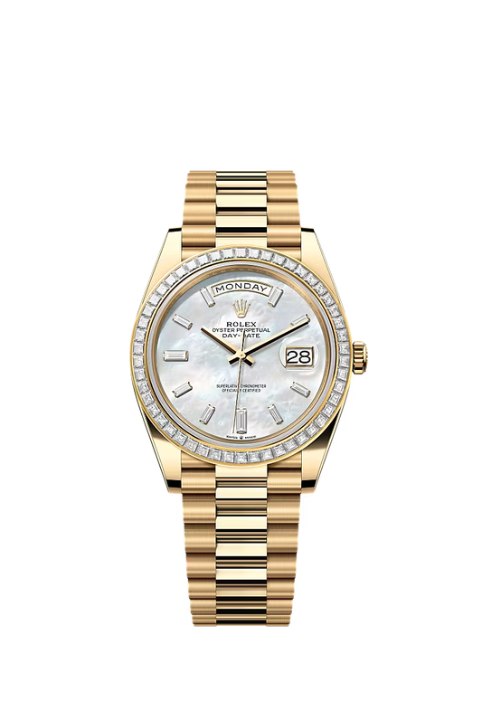 Men’s Rolex Day-Date 40 18K Yellow Gold White Mother-of-Pearl Diamond Watch – Reference 228398TBR - Zeuskicks