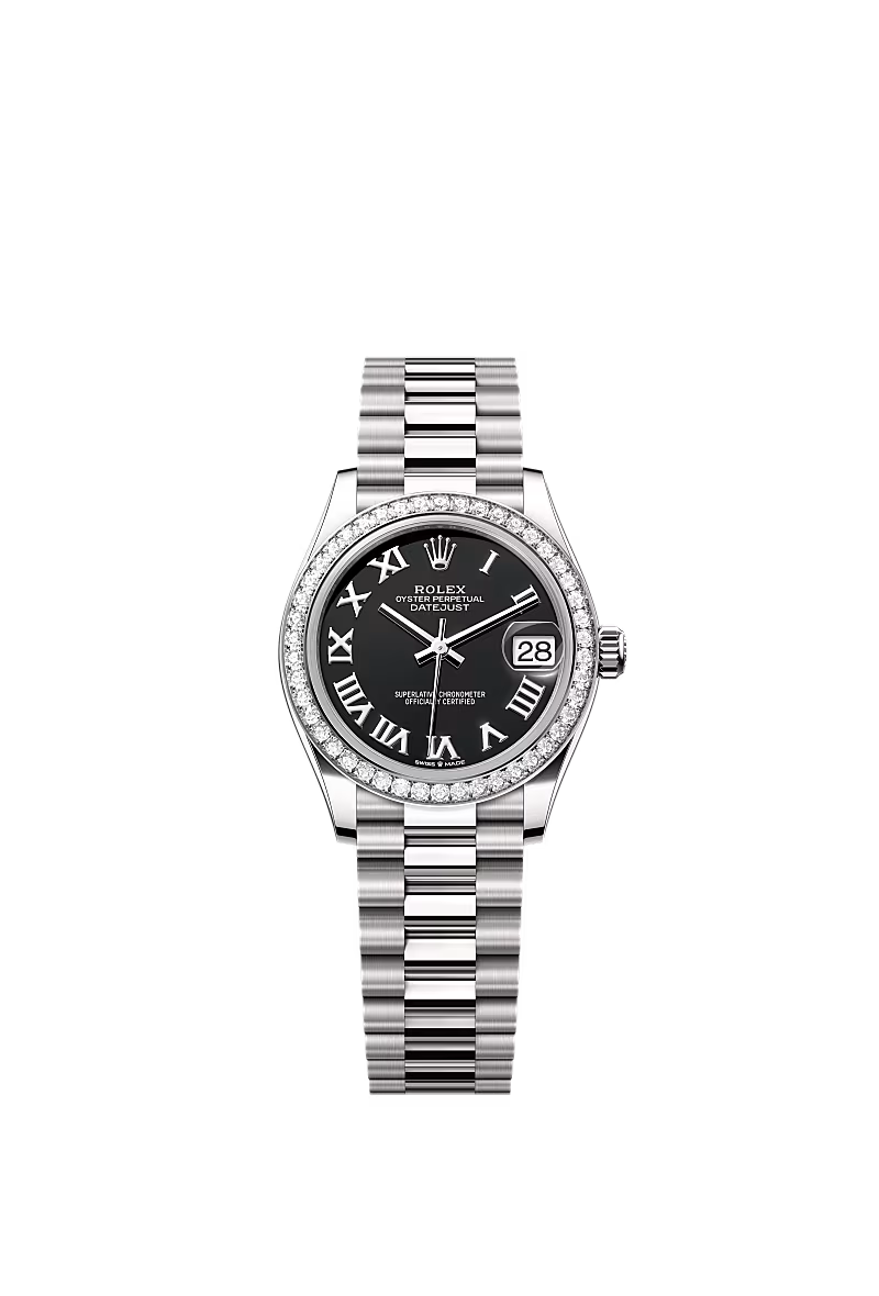 Women’s Rolex Datejust 31 278289RBR Automatic Watch – Bright Black Dial with Diamonds & White Gold President Bracelet
