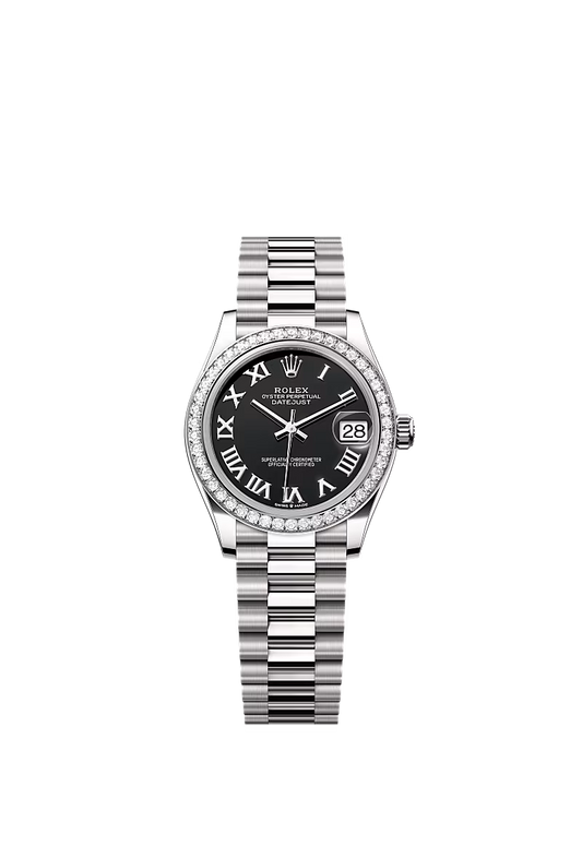 Women’s Rolex Datejust 31 278289RBR Automatic Watch – Bright Black Dial with Diamonds & White Gold President Bracelet