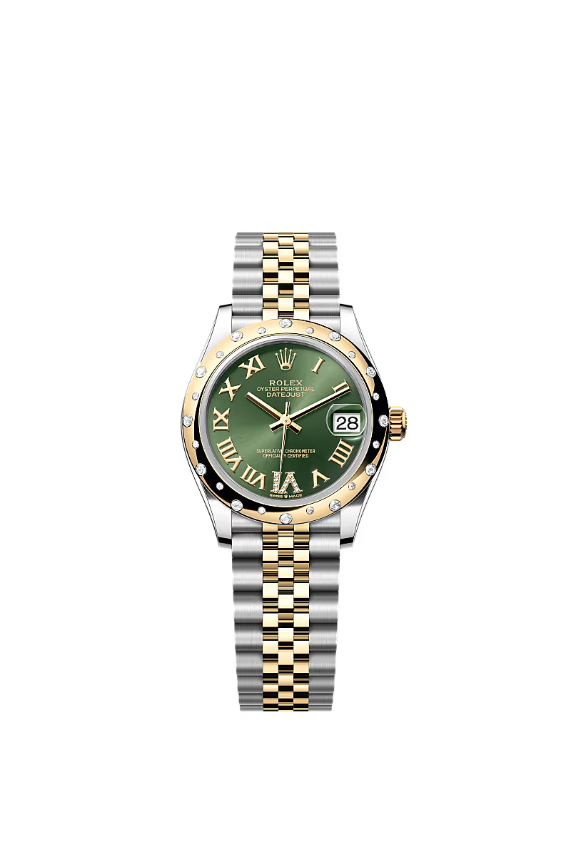 Women’s Rolex Datejust 31 Ref. 278343RBR – Yellow Rolesor, Olive Green Diamond Dial (Large VI), Jubilee Bracelet