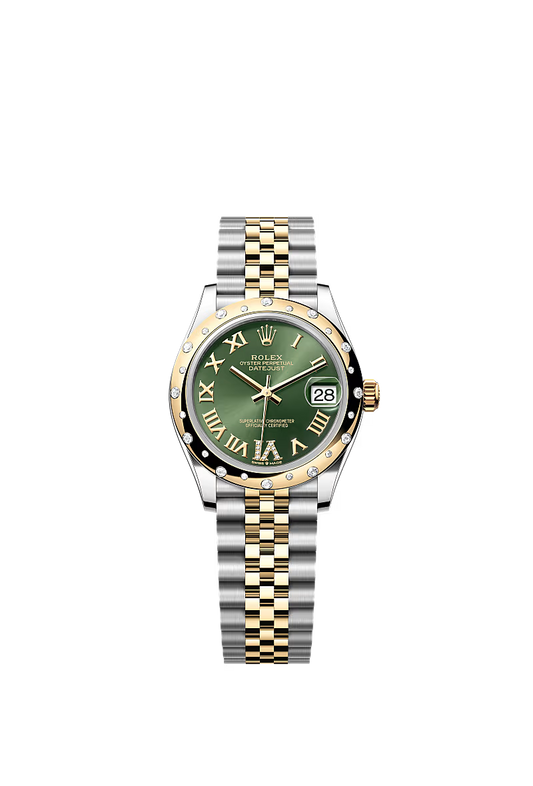 Women’s Rolex Datejust 31 Ref. 278343RBR – Yellow Rolesor, Olive Green Diamond Dial (Large VI), Jubilee Bracelet