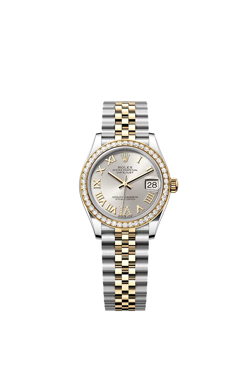 Women’s Rolex Datejust 31 Ref. 278383RBR – Yellow Rolesor, Diamond Bezel, Silver Dial with Large VI Diamonds, Jubilee Bracelet