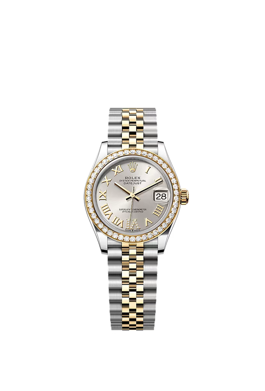 Women’s Rolex Datejust 31 Ref. 278383RBR – Yellow Rolesor, Diamond Bezel, Silver Dial with Large VI Diamonds, Jubilee Bracelet