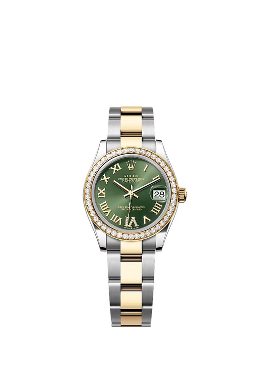 Women’s Rolex Datejust 31 Ref. 278383RBR – Yellow Rolesor, Diamond Bezel, Olive Green Dial with Large VI