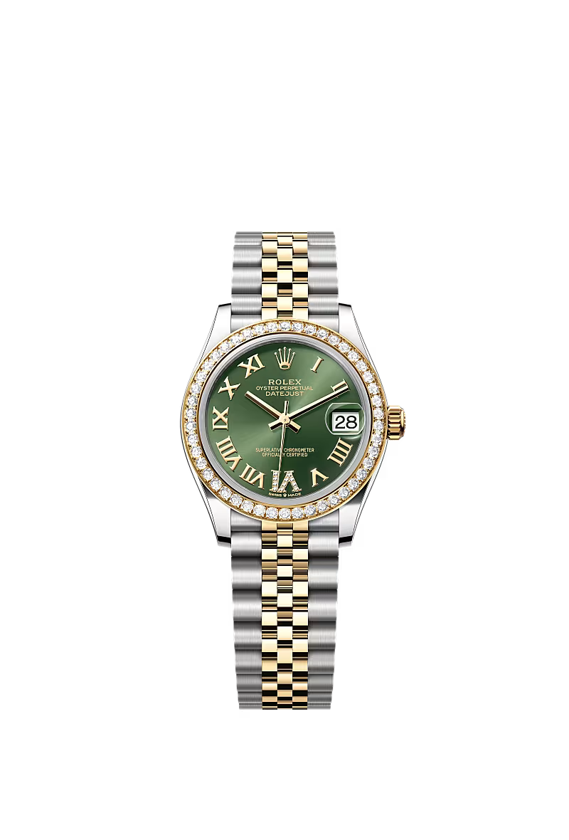 Women’s Rolex Datejust 31 Ref. 278383RBR – Yellow Rolesor, Diamond Bezel, Olive Green Dial with Large VI Diamonds, Jubilee Bracelet