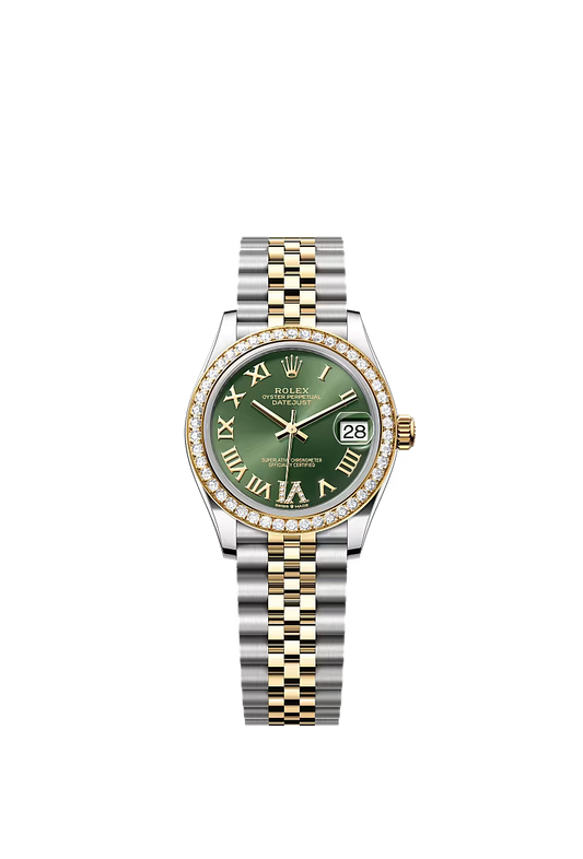 Women’s Rolex Datejust 31 Ref. 278383RBR – Yellow Rolesor, Diamond Bezel, Olive Green Dial with Large VI Diamonds, Jubilee Bracelet