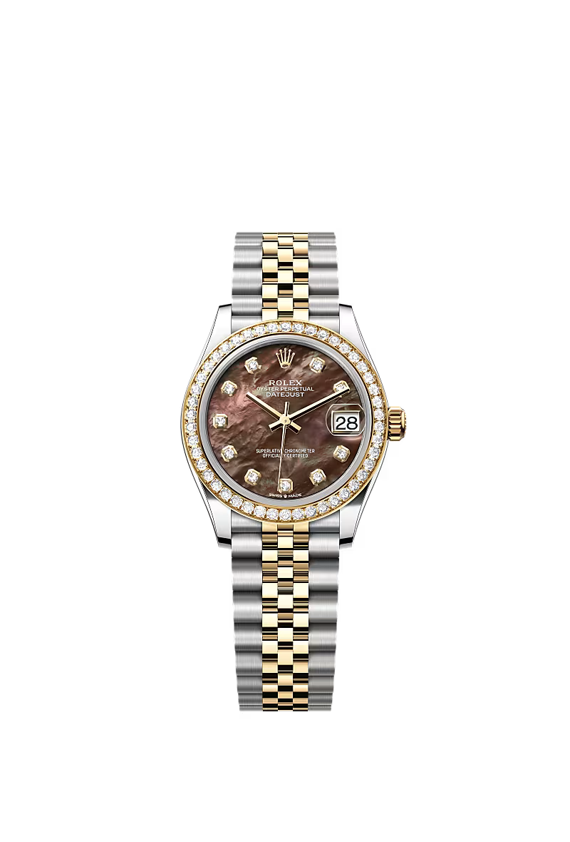 Women’s Rolex Datejust 31 Ref. 278383RBR – Yellow Rolesor, Diamond Bezel, Black Mother-of-Pearl Dial, Jubilee Bracelet