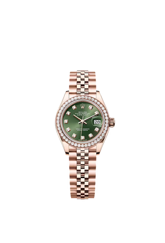 Women’s Rolex Lady-Datejust 28 mm Everose Gold Olive Green Diamond Dial Watch with Jubilee Bracelet - Zeuskicks