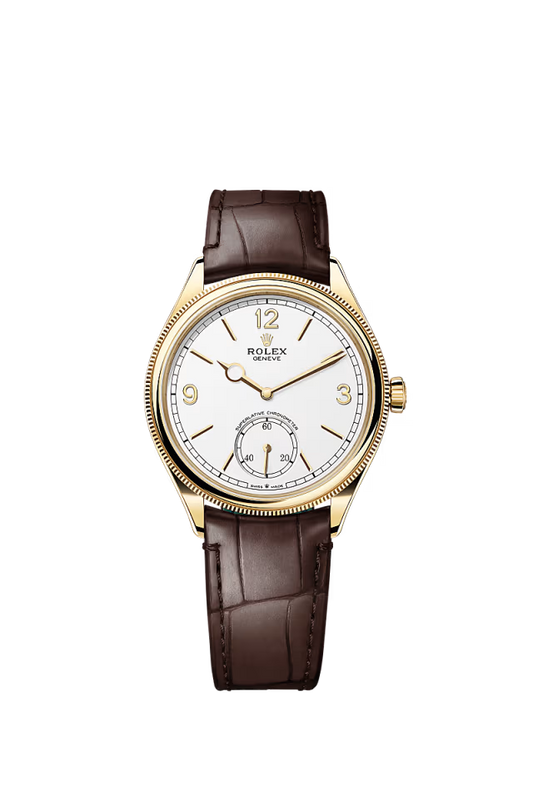 Men’s Rolex 1908 52508 39 mm Yellow Gold Leather Strap Automatic Watch – Intense White Dial