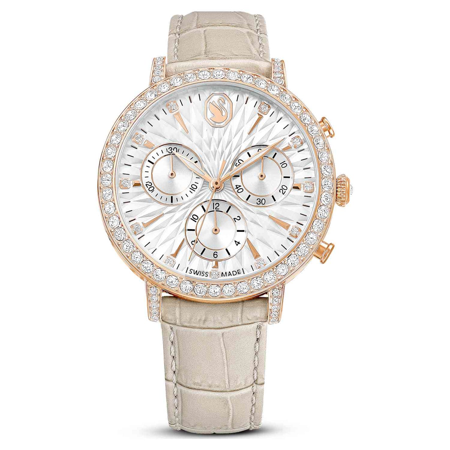 Swarovski Matrix tennis chrono watch, Swiss Made, Leather strap, Beige, Rose gold-tone finish — product photo (5702849)
