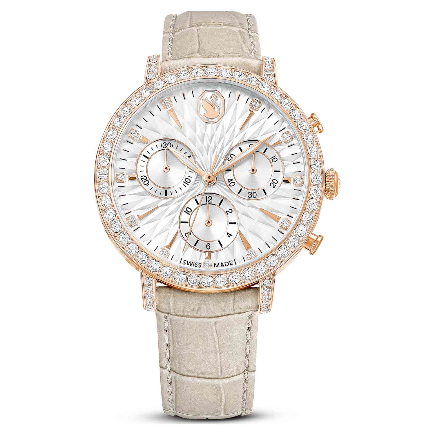 Swarovski Matrix tennis chrono watch, Swiss Made, Leather strap, Beige, Rose gold-tone finish — product photo (5702849)