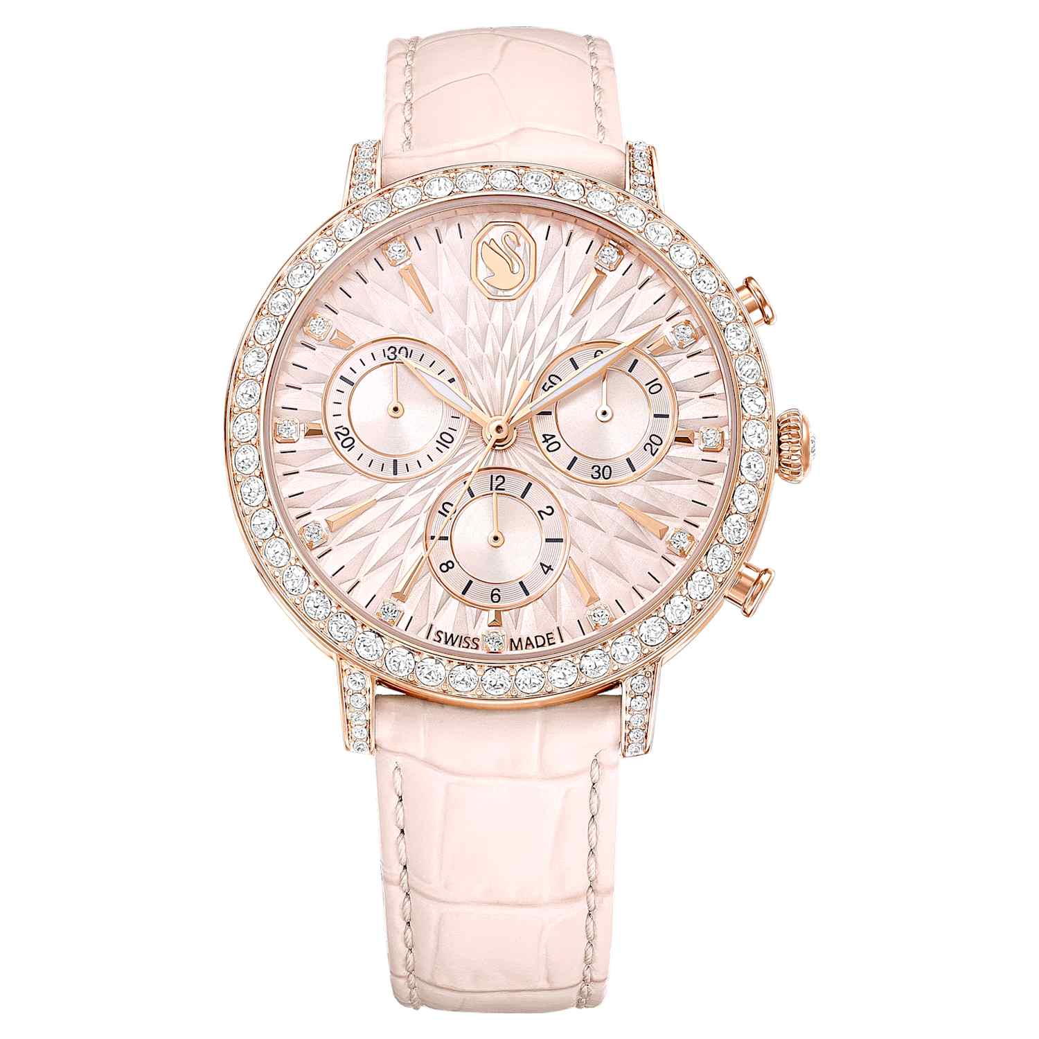 Swarovski Matrix tennis chrono watch, Swiss Made, Leather strap, Pink, Rose gold-tone finish — product photo (5698300)