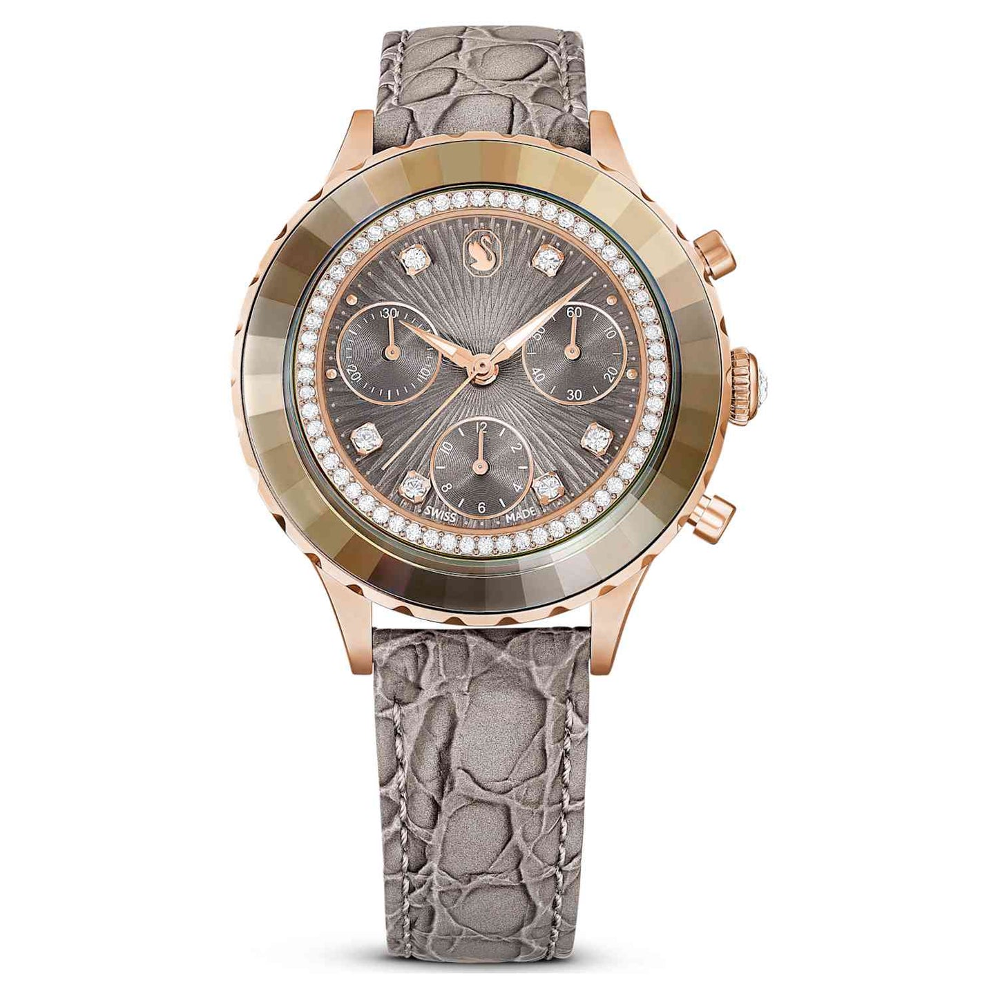 Swarovski Octea chrono watch, Swiss Made, Leather strap, Gray, Rose gold-tone finish — product photo (5671153)