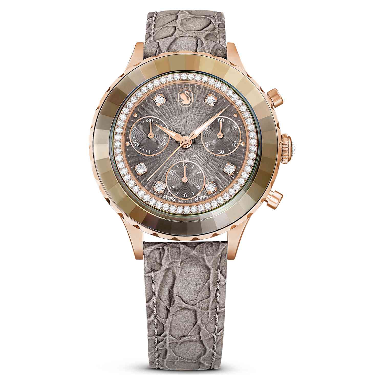 Swarovski Octea chrono watch, Swiss Made, Leather strap, Gray, Rose gold-tone finish — product photo (5671153)