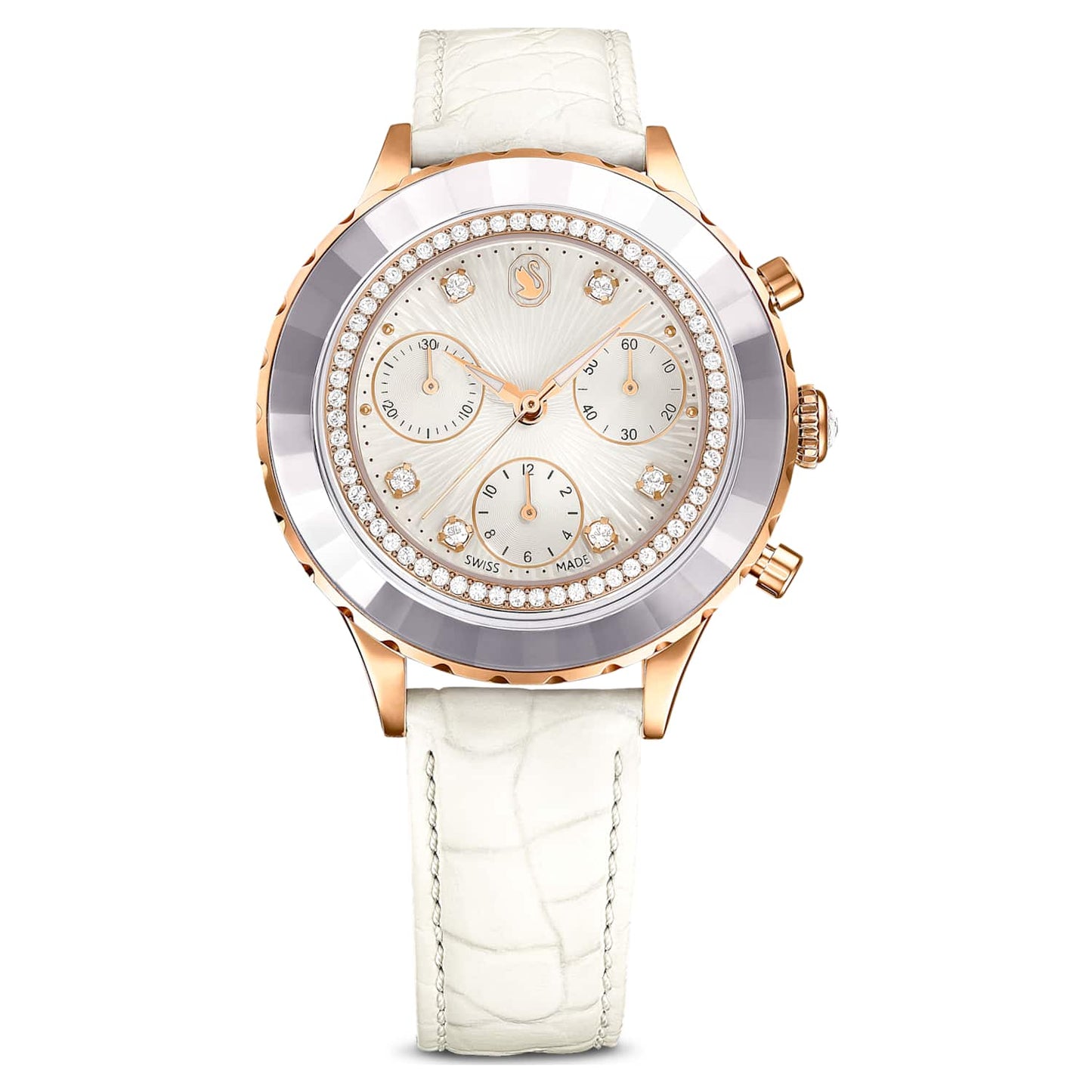 Swarovski Octea chrono watch, Swiss Made, Leather strap, White, Rose gold-tone finish — product photo (5671150)