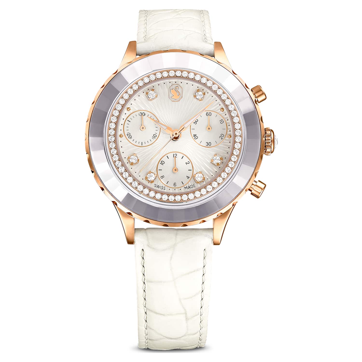 Swarovski Octea chrono watch, Swiss Made, Leather strap, White, Rose gold-tone finish — product photo (5671150)