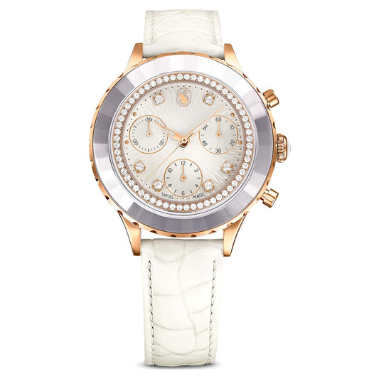 Swarovski Octea chrono watch, Swiss Made, Leather strap, White, Rose gold-tone finish — product photo (5671150)