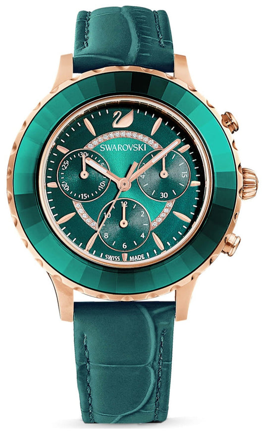 Swarovski Octea Lux Chrono watch, Swiss Made, Leather strap, Green, Crystals — product photo (5452498)