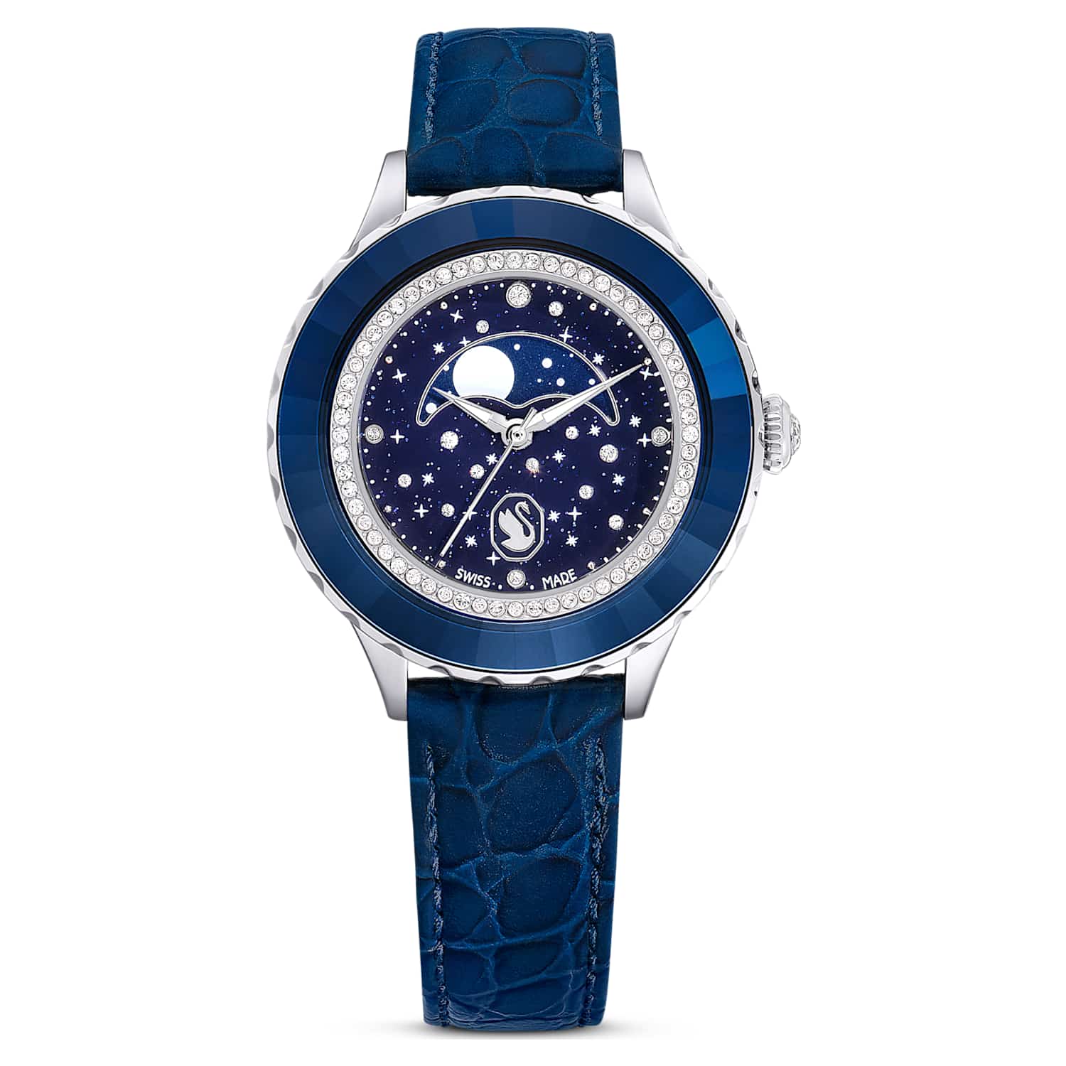 Octea moon watch, Swiss Made, Moon, Leather strap, Blue, Stainless steel