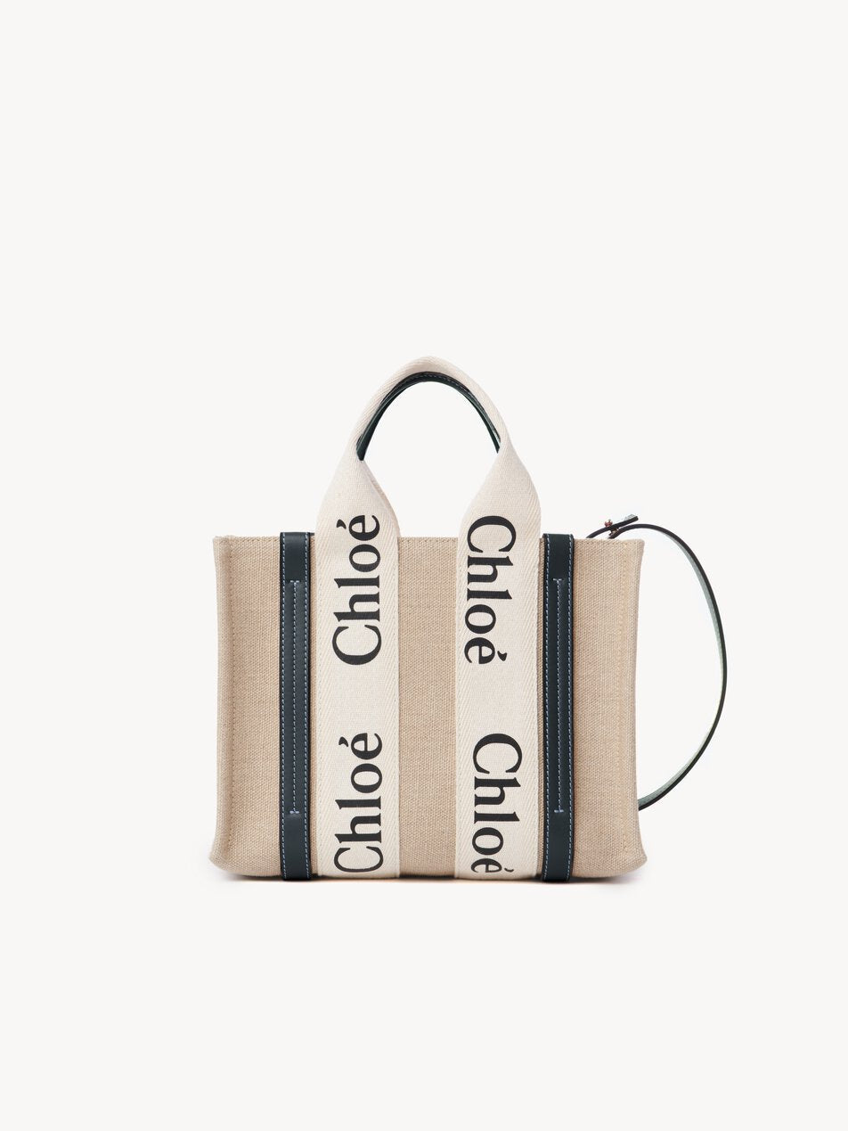 CHLOE Small Woody tote bag in linen White - Blue by CHLOE