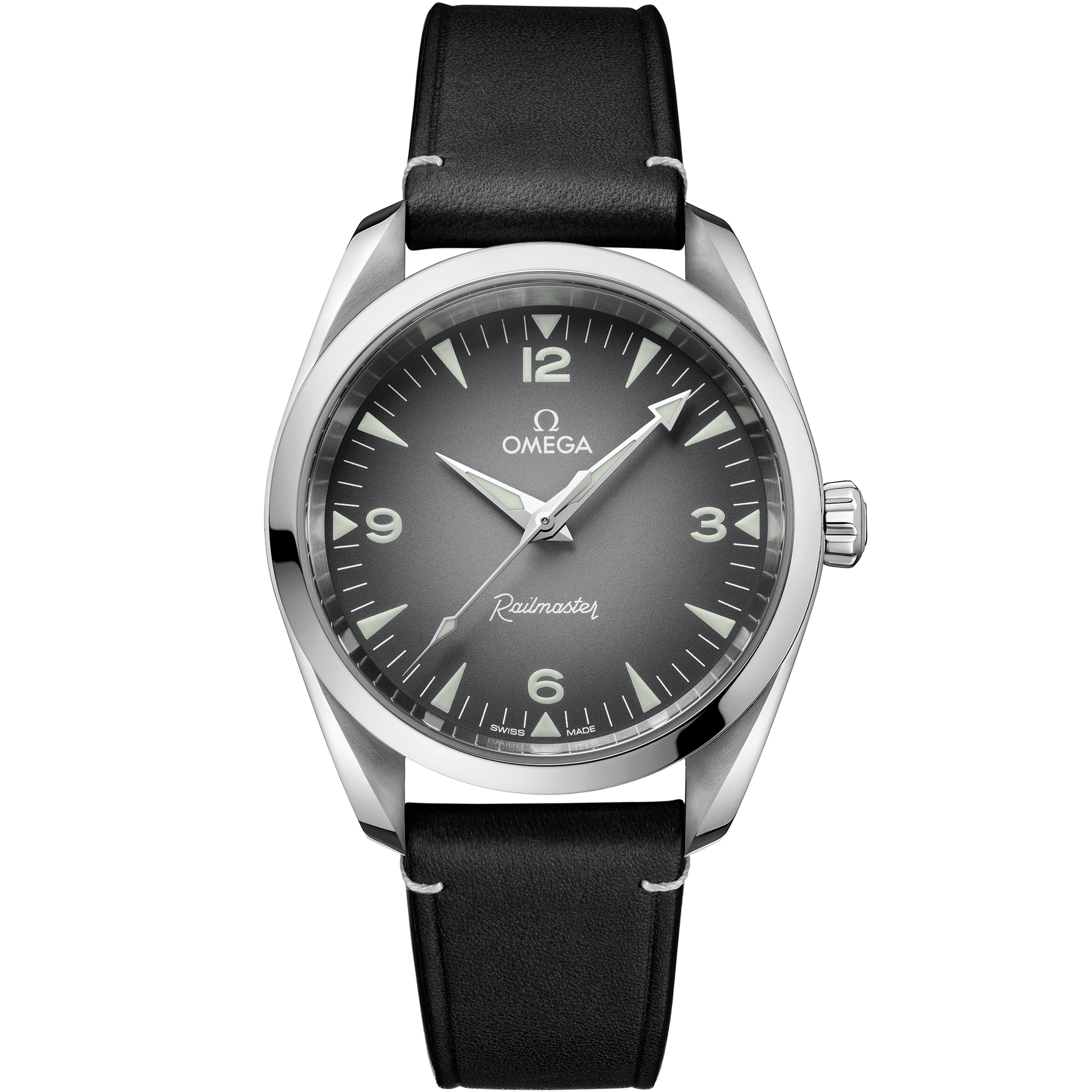 Seamaster Railmaster 38 mm, steel on leather strap - 235.12.38.20.06.001