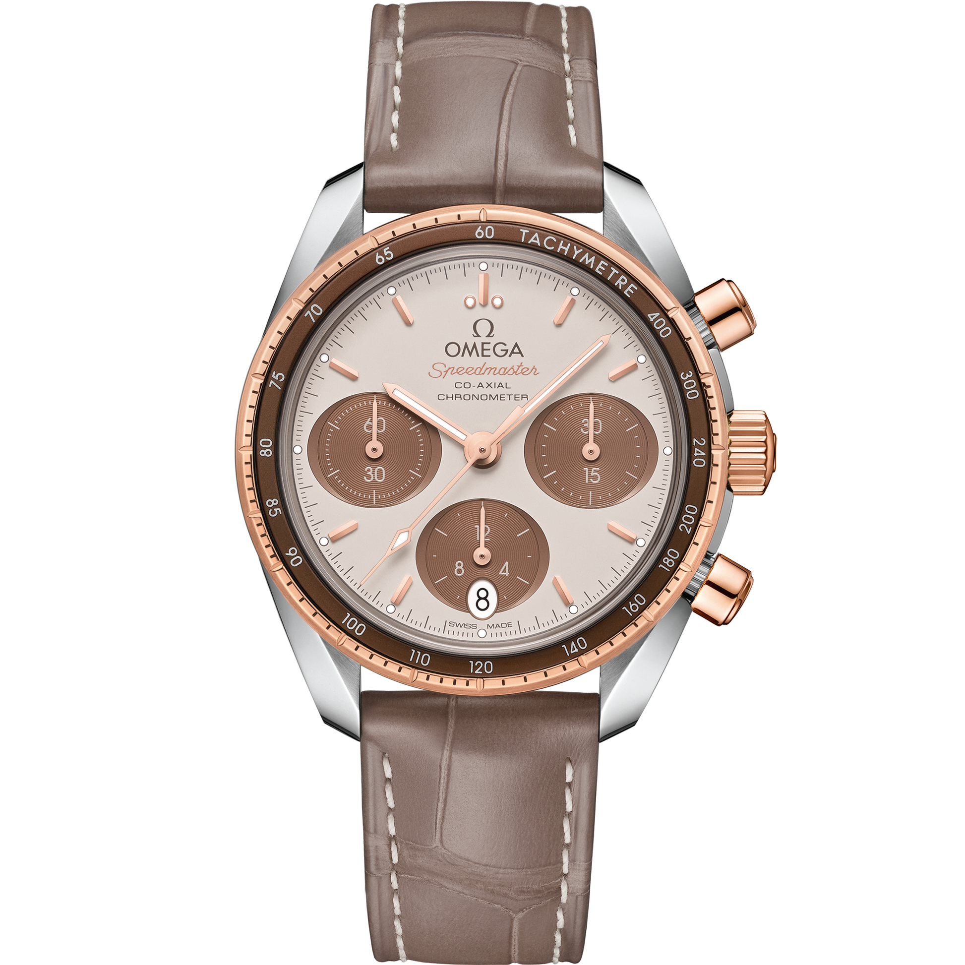 Speedmaster 38 mm, steel - Sedna™ gold on leather strap - 324.23.38.50.02.002