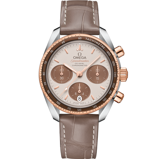 Speedmaster 38 mm, steel - Sedna™ gold on leather strap - 324.23.38.50.02.002