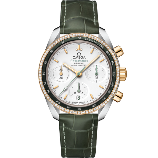 Speedmaster 38 mm, steel - yellow gold on leather strap - 324.28.38.50.02.001