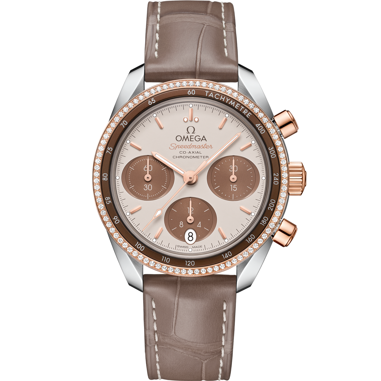 Speedmaster 38 mm, steel - Sedna™ gold on leather strap - 324.28.38.50.02.002