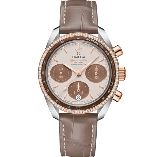 Speedmaster 38 mm, steel - Sedna™ gold on leather strap - 324.28.38.50.02.002