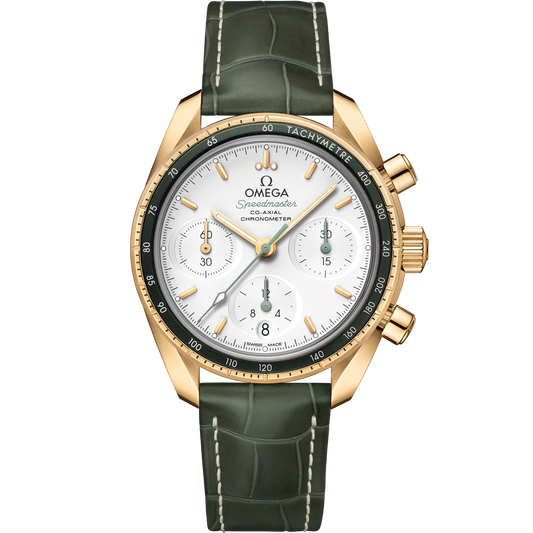 Speedmaster 38 mm, yellow gold on leather strap - 324.63.38.50.02.004