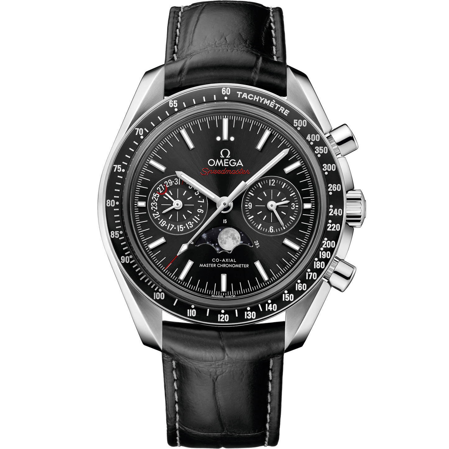 Speedmaster Moonphase 44.25 mm, steel on leather strap - 304.33.44.52.01.001