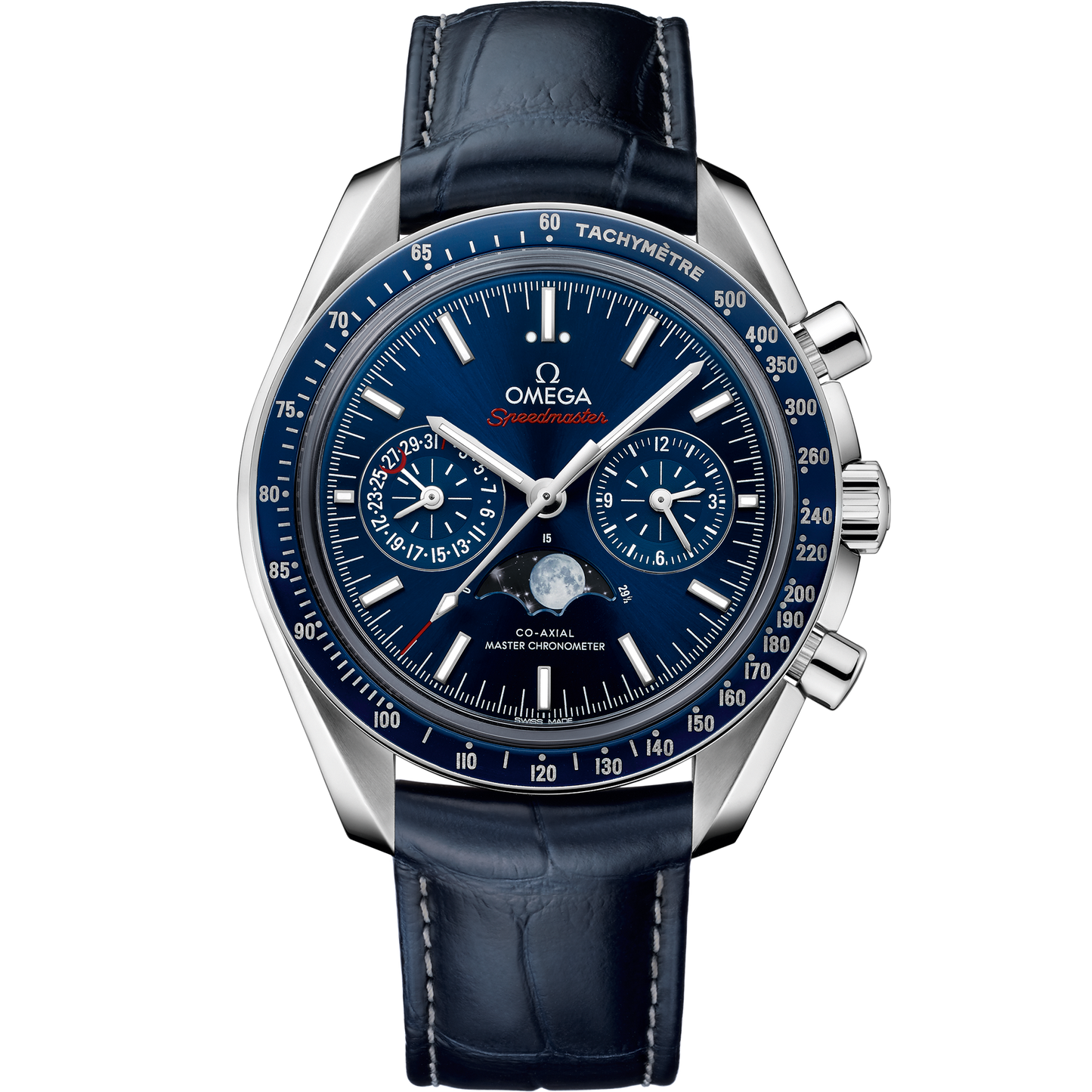 Speedmaster Moonphase 44.25 mm, steel on leather strap - 304.33.44.52.03.001
