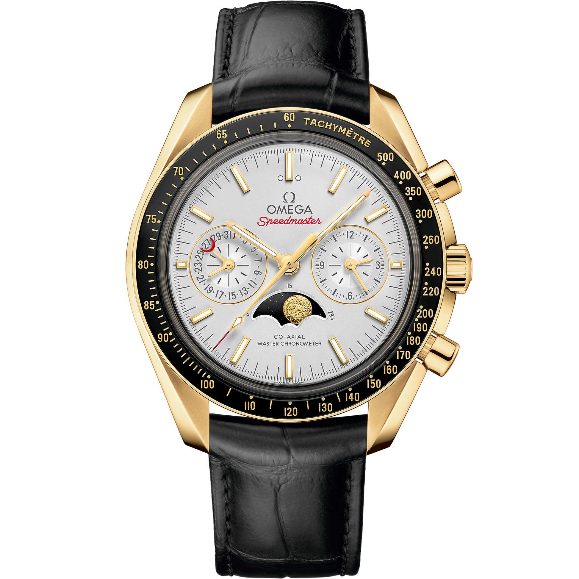Speedmaster Moonphase 44.25 mm, yellow gold on leather strap - 304.63.44.52.02.001