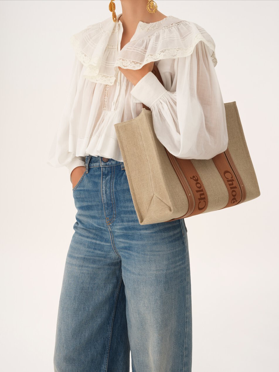 CHLOE Woody tote bag in linen Dusty Tan by CHLOE