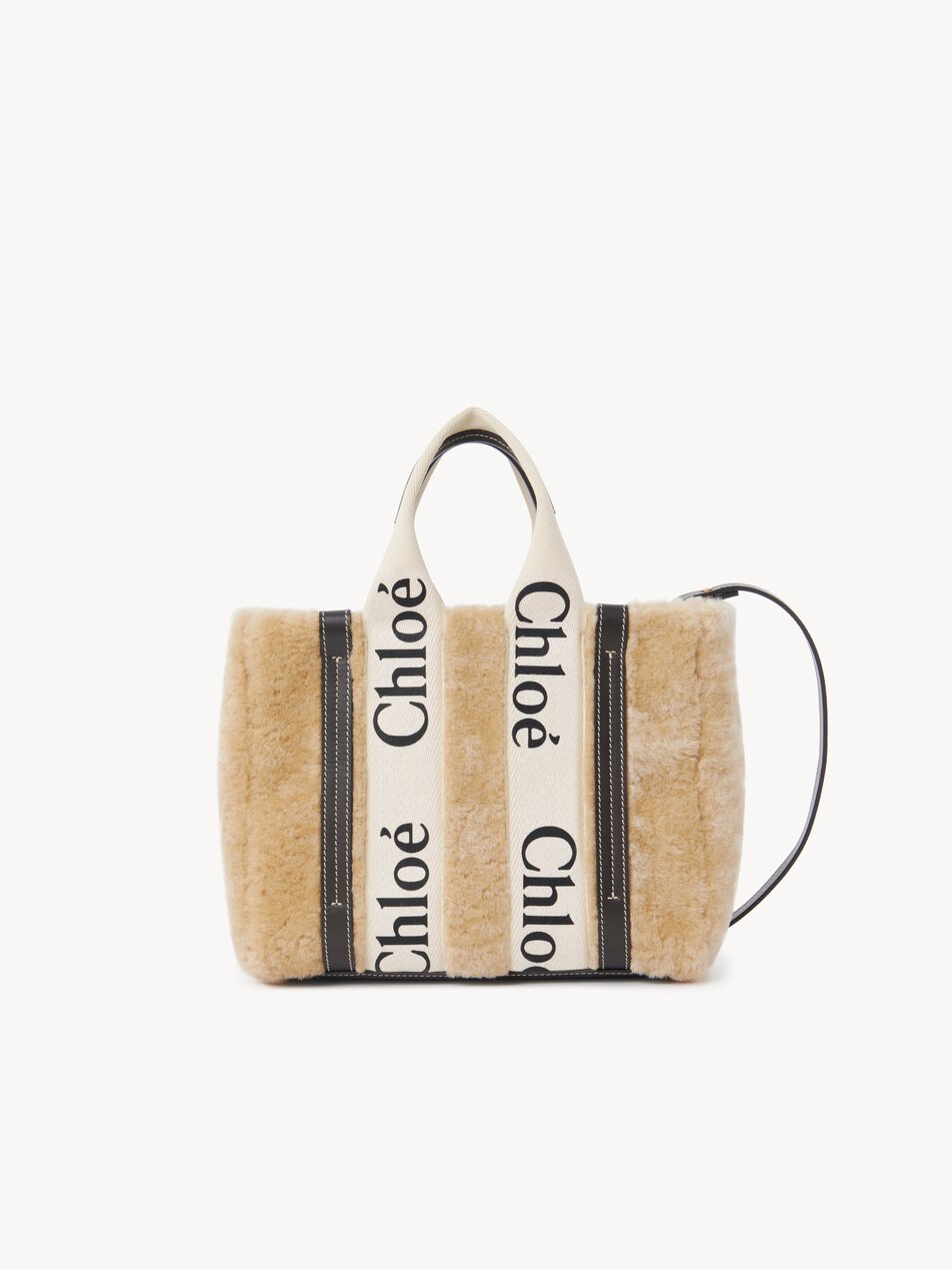 CHLOE Small Woody tote bag in shearling Summery Beige by CHLOE