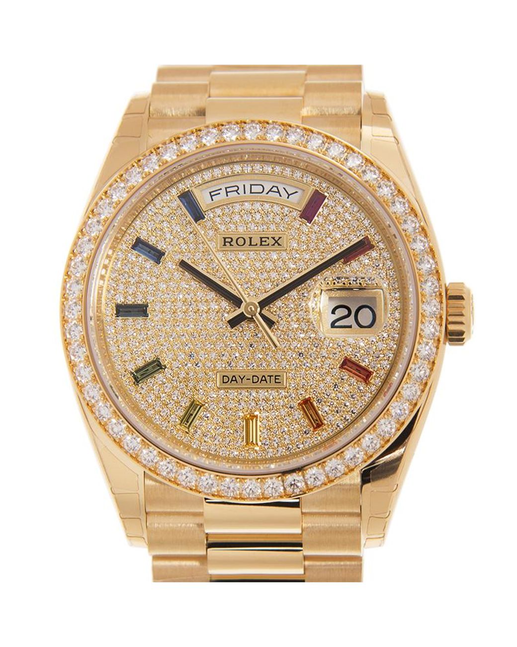 Rolex Day-Date 36 128348RBR Diamond Pavé Rainbow Dial Yellow Gold President Bracelet - Zeuskicks