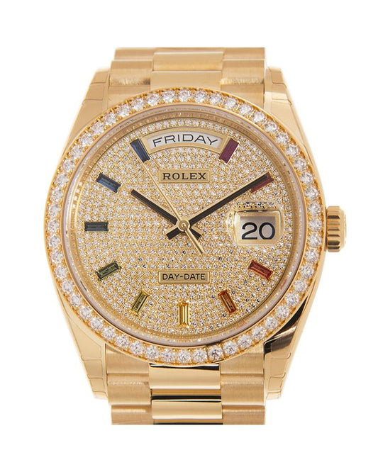 Rolex Day-Date 36 128348RBR Diamond Pavé Rainbow Dial Yellow Gold President Bracelet - Zeuskicks