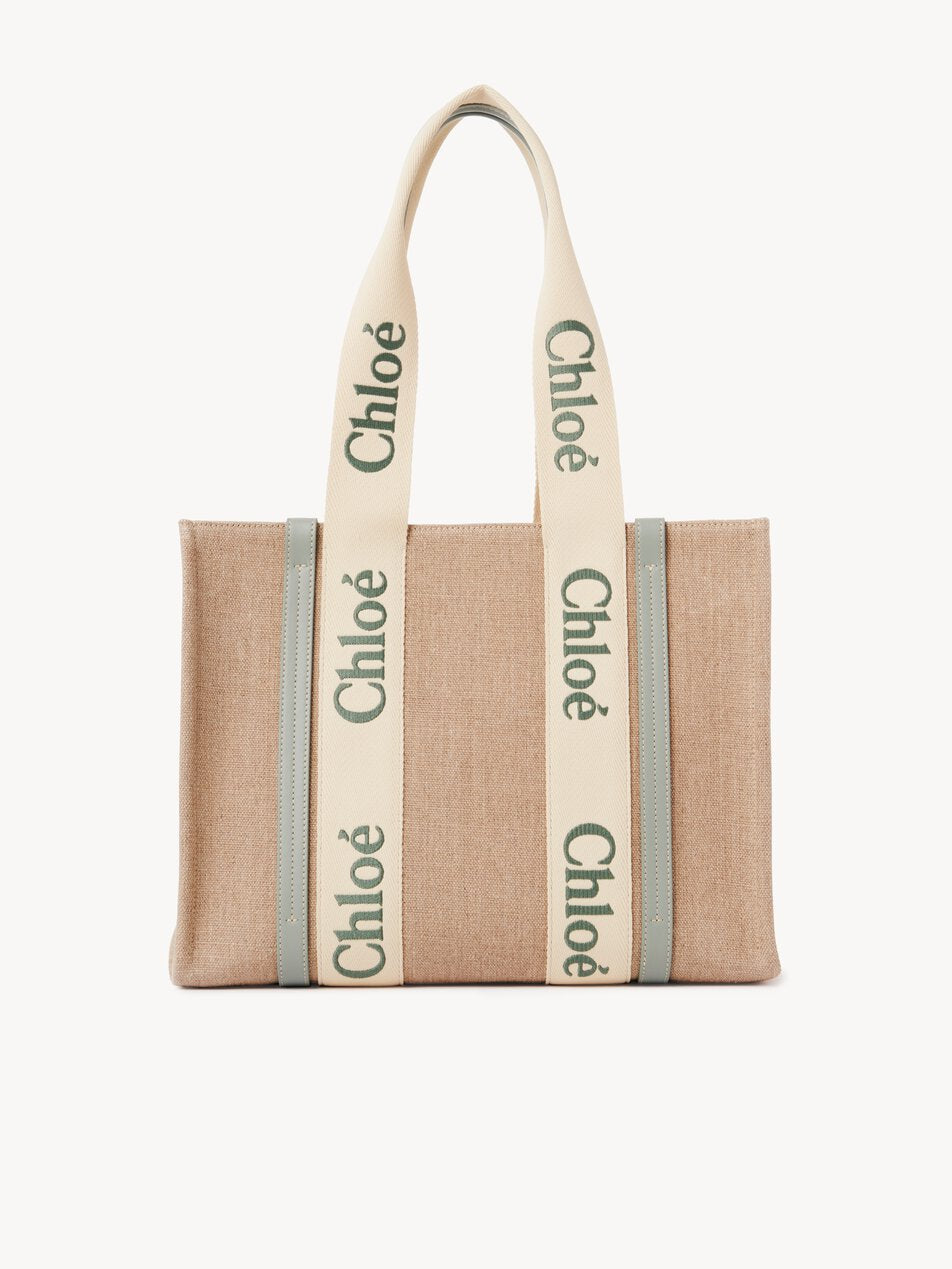 CHLOE Woody tote bag in linen Bluish Green by CHLOE