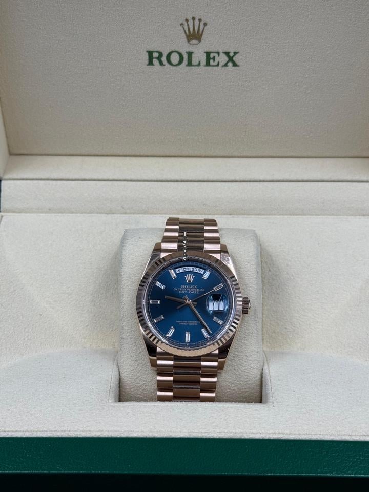 Men’s Rolex Day-Date 36 Ref. 128235 Rose Gold Blue Baguette Dial Automatic Watch
