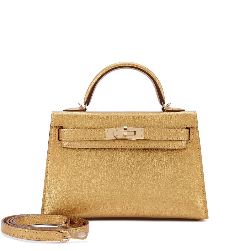 Hermès Dore Chèvre Chamkilight Metallic Mini Kelly II with Permabrass Hardware
