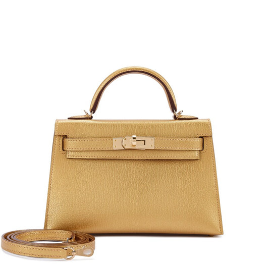 Hermès Dore Chèvre Chamkilight Metallic Mini Kelly II with Permabrass Hardware