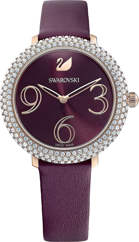 Swarovski Fashion watch, Leather strap, burgundy sunray, rose-gold tone PVD stainless steel — product photo (5484064)