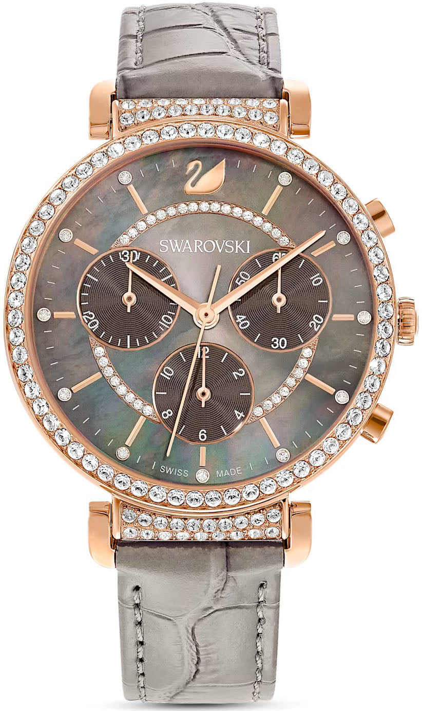Swarovski Passage Chrono watch, Swiss Made, Leather strap, Gray, Crystals — product photo (5580348)
