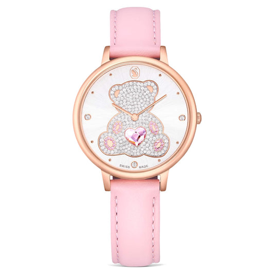 Teddy watch, Swiss Made, Leather strap, Pink, Rose gold-tone finish