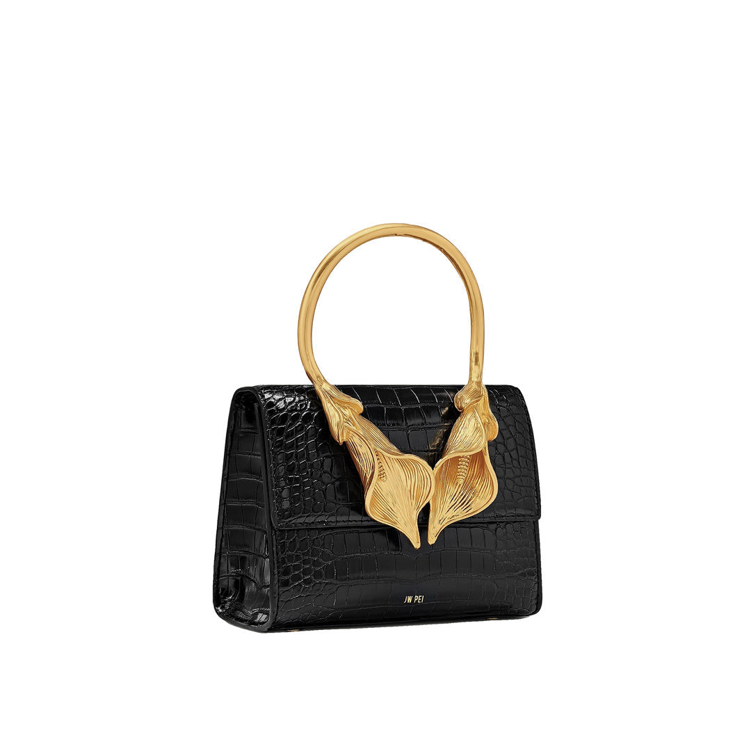 JW PEI Astrid Calla Lily Metal Handle Top Handle Bag - Black Croc by JW PEI