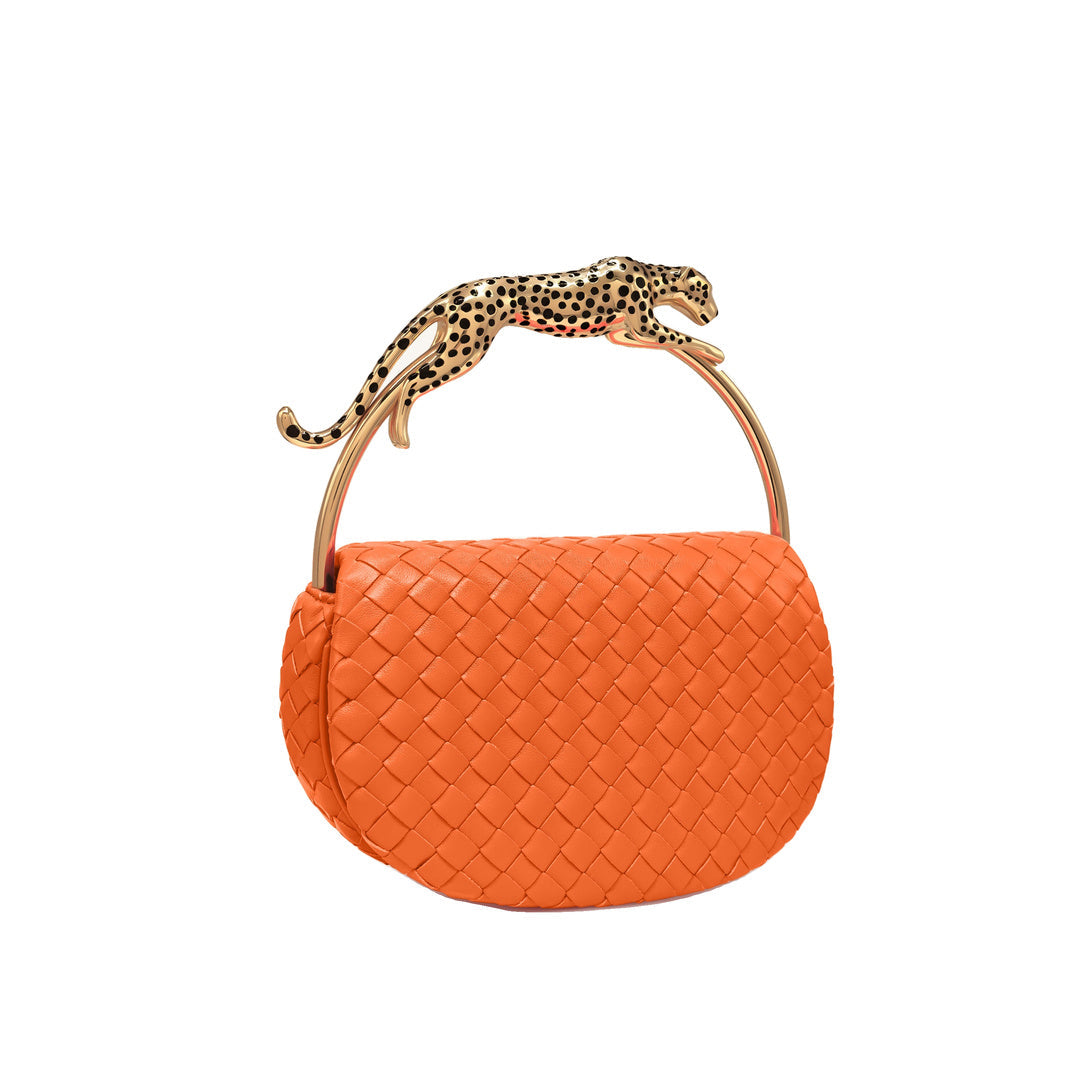 JW PEI Ione Leopard Shaped Hardware Handle Woven Top Handle Bag - Orange by JW PEI